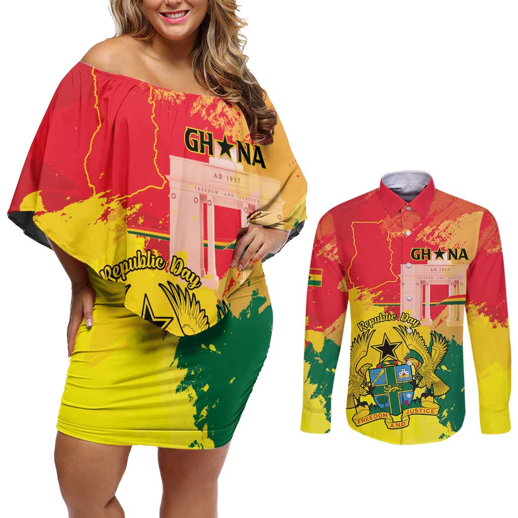 Personalized Ghana Republic Day Couples Matching Off Shoulder Short Dress and Long Sleeve Button Shirt Black Star Square With Coat Of Arms