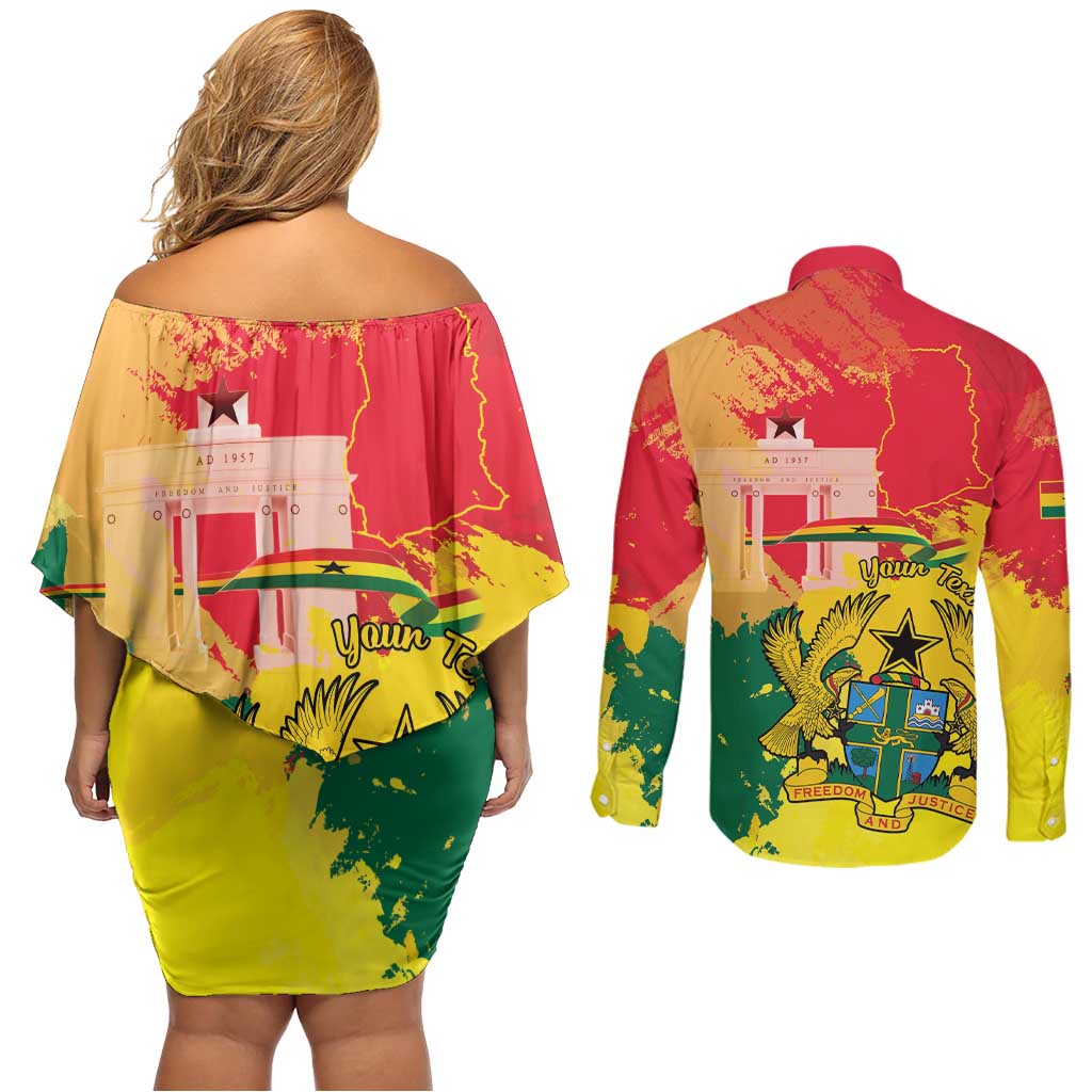 Personalized Ghana Republic Day Couples Matching Off Shoulder Short Dress and Long Sleeve Button Shirt Black Star Square With Coat Of Arms