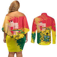 Personalized Ghana Republic Day Couples Matching Off Shoulder Short Dress and Long Sleeve Button Shirt Black Star Square With Coat Of Arms