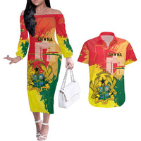 Personalized Ghana Republic Day Couples Matching Off The Shoulder Long Sleeve Dress and Hawaiian Shirt Black Star Square With Coat Of Arms