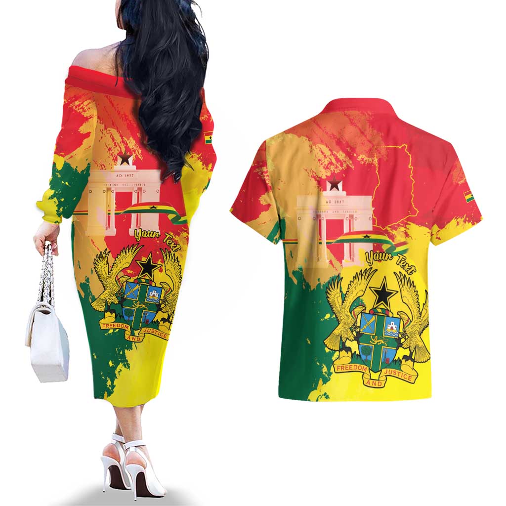 Personalized Ghana Republic Day Couples Matching Off The Shoulder Long Sleeve Dress and Hawaiian Shirt Black Star Square With Coat Of Arms