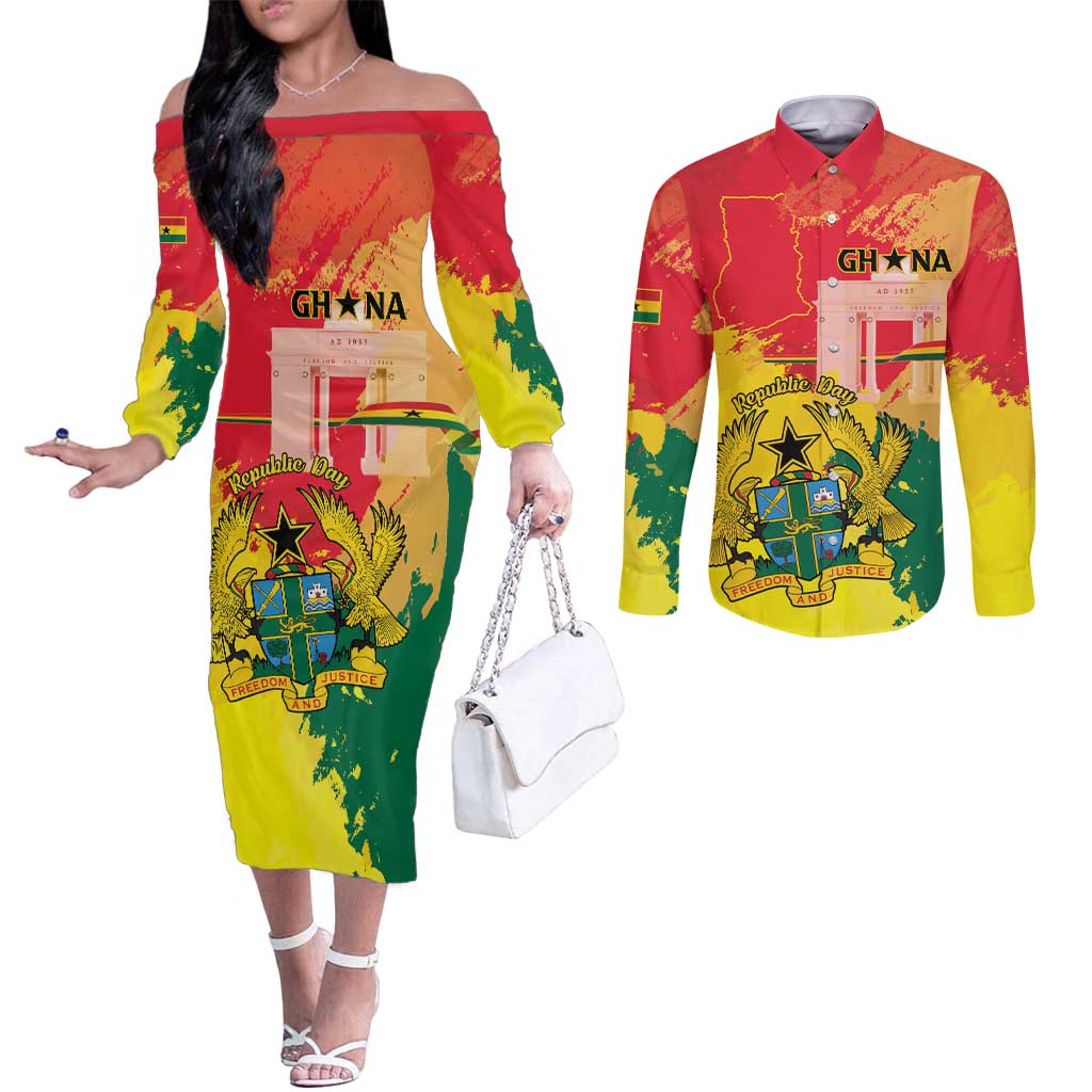 Personalized Ghana Republic Day Couples Matching Off The Shoulder Long Sleeve Dress and Long Sleeve Button Shirt Black Star Square With Coat Of Arms