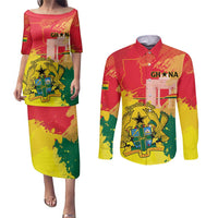 Personalized Ghana Republic Day Couples Matching Puletasi and Long Sleeve Button Shirt Black Star Square With Coat Of Arms