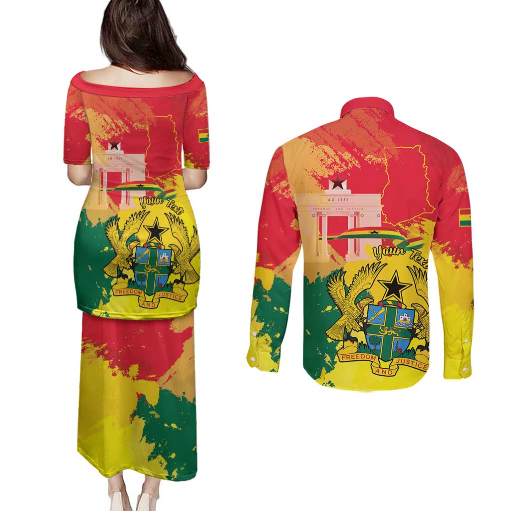 Personalized Ghana Republic Day Couples Matching Puletasi and Long Sleeve Button Shirt Black Star Square With Coat Of Arms