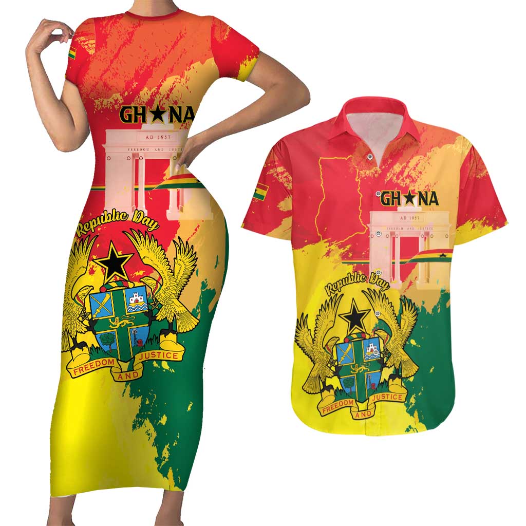 Personalized Ghana Republic Day Couples Matching Short Sleeve Bodycon Dress and Hawaiian Shirt Black Star Square With Coat Of Arms