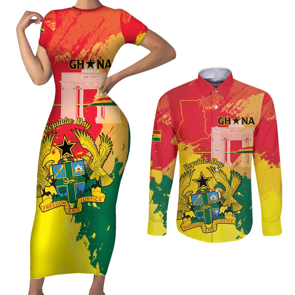 Personalized Ghana Republic Day Couples Matching Short Sleeve Bodycon Dress and Long Sleeve Button Shirt Black Star Square With Coat Of Arms