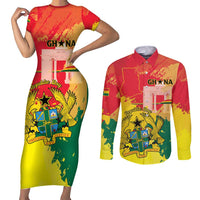Personalized Ghana Republic Day Couples Matching Short Sleeve Bodycon Dress and Long Sleeve Button Shirt Black Star Square With Coat Of Arms