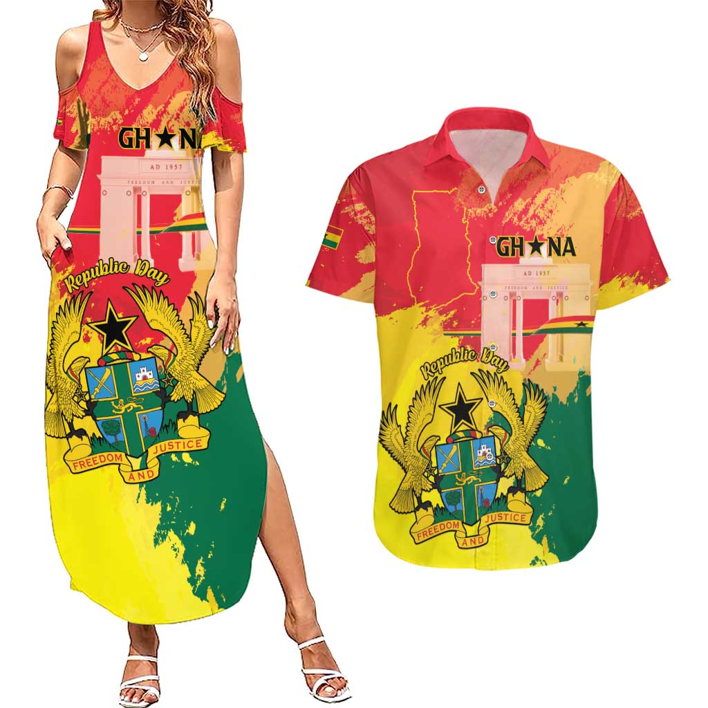 Personalized Ghana Republic Day Couples Matching Summer Maxi Dress and Hawaiian Shirt Black Star Square With Coat Of Arms