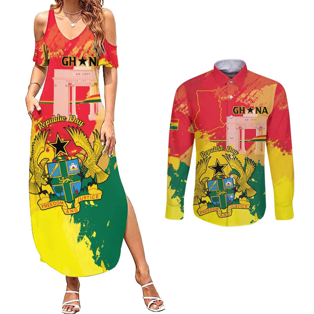 Personalized Ghana Republic Day Couples Matching Summer Maxi Dress and Long Sleeve Button Shirt Black Star Square With Coat Of Arms