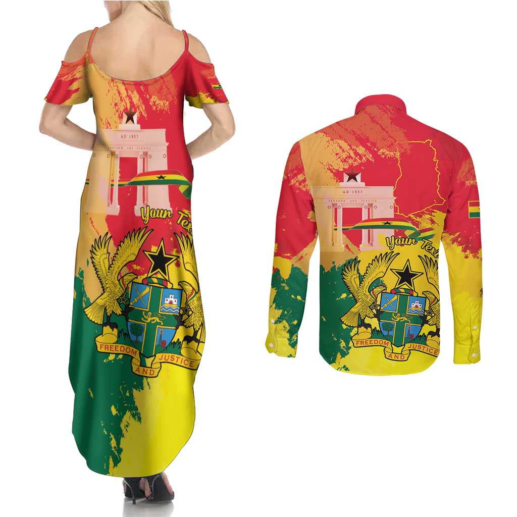 Personalized Ghana Republic Day Couples Matching Summer Maxi Dress and Long Sleeve Button Shirt Black Star Square With Coat Of Arms