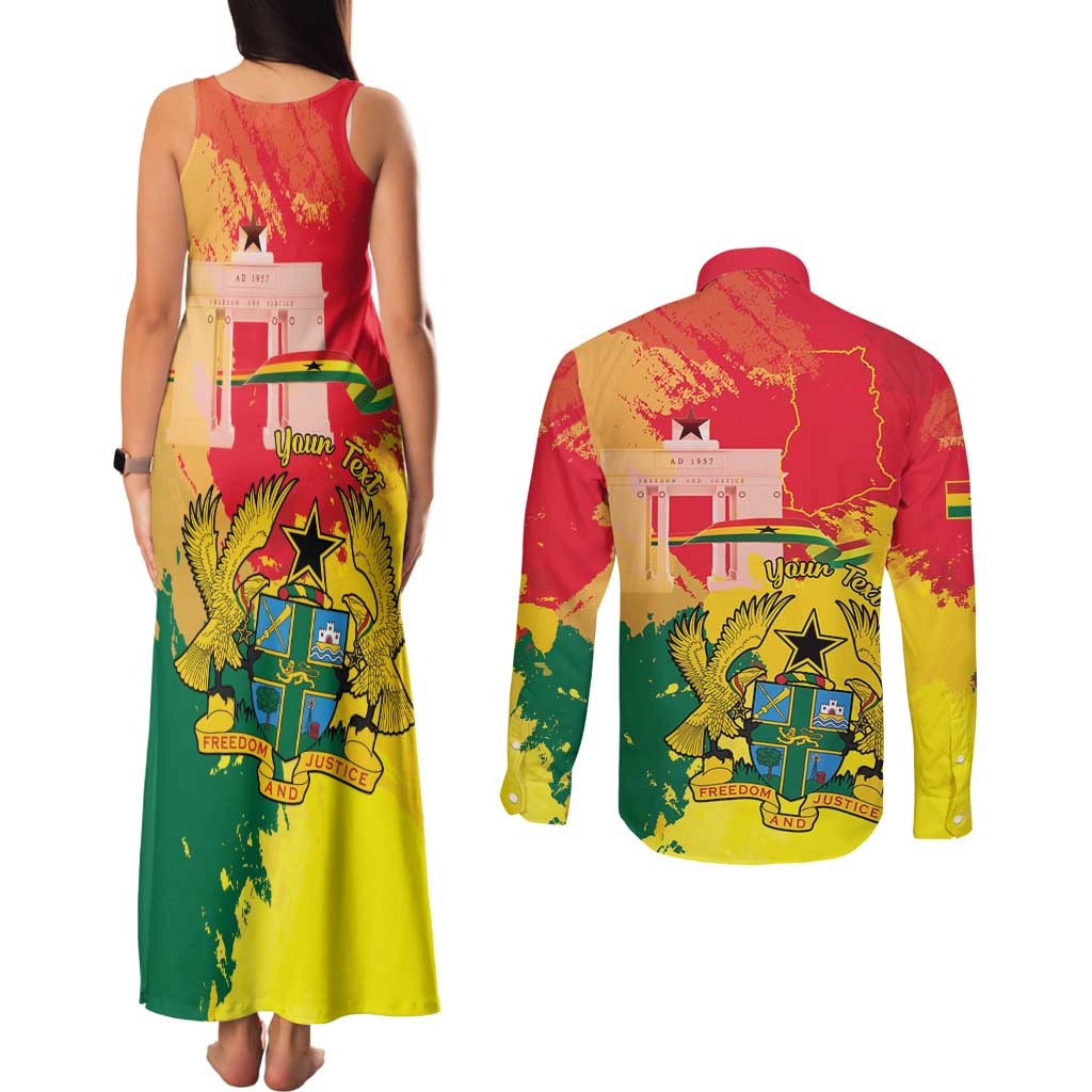 Personalized Ghana Republic Day Couples Matching Tank Maxi Dress and Long Sleeve Button Shirt Black Star Square With Coat Of Arms