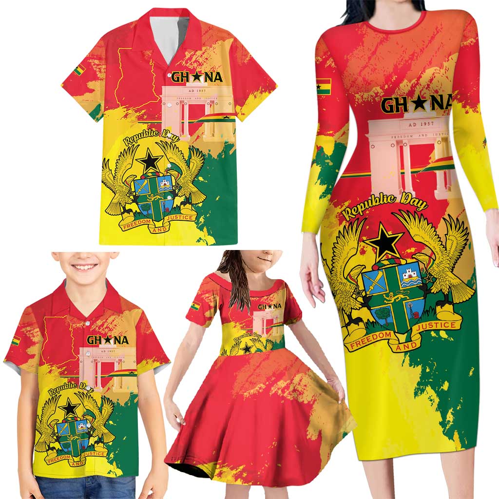 Personalized Ghana Republic Day Family Matching Long Sleeve Bodycon Dress and Hawaiian Shirt Black Star Square With Coat Of Arms