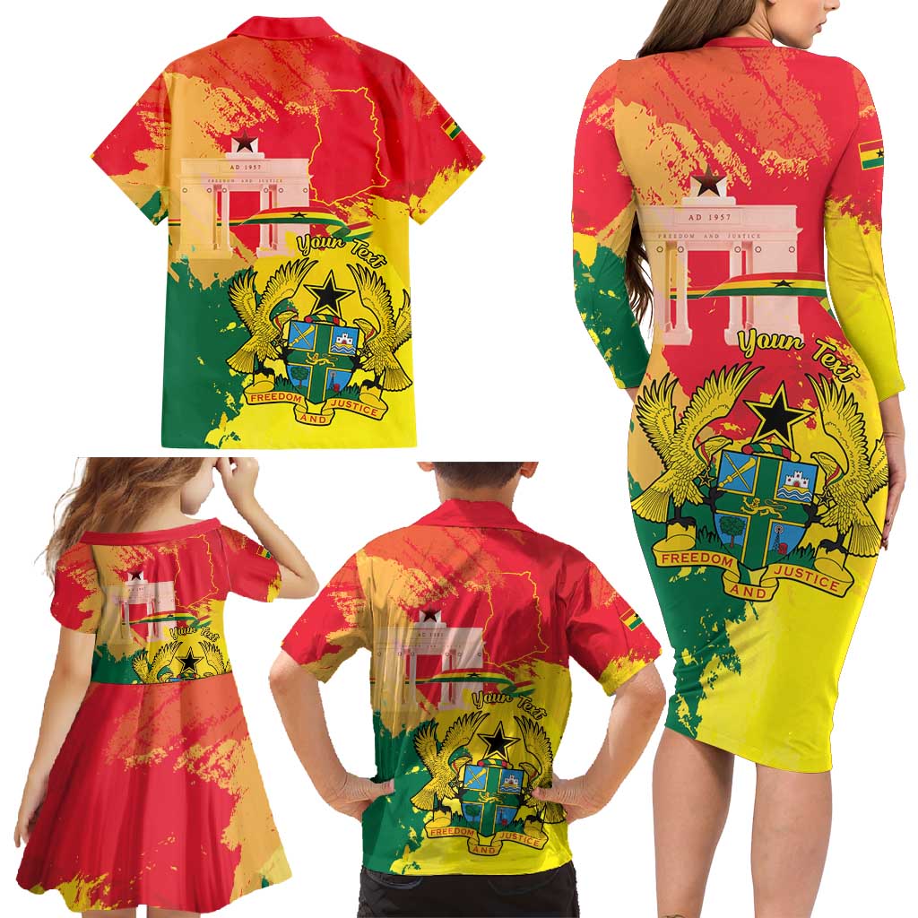 Personalized Ghana Republic Day Family Matching Long Sleeve Bodycon Dress and Hawaiian Shirt Black Star Square With Coat Of Arms