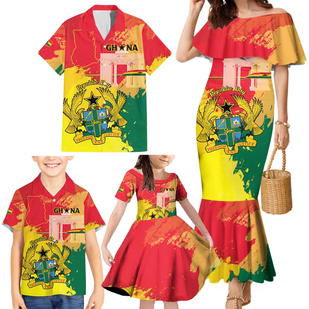 Personalized Ghana Republic Day Family Matching Mermaid Dress and Hawaiian Shirt Black Star Square With Coat Of Arms