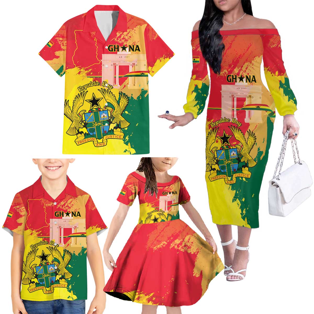 Personalized Ghana Republic Day Family Matching Off The Shoulder Long Sleeve Dress and Hawaiian Shirt Black Star Square With Coat Of Arms