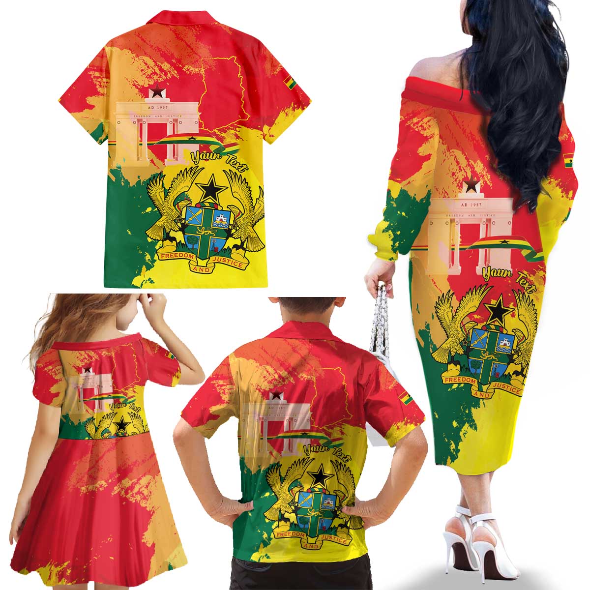 Personalized Ghana Republic Day Family Matching Off The Shoulder Long Sleeve Dress and Hawaiian Shirt Black Star Square With Coat Of Arms