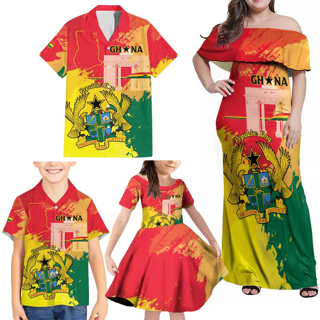 Personalized Ghana Republic Day Family Matching Off Shoulder Maxi Dress and Hawaiian Shirt Black Star Square With Coat Of Arms