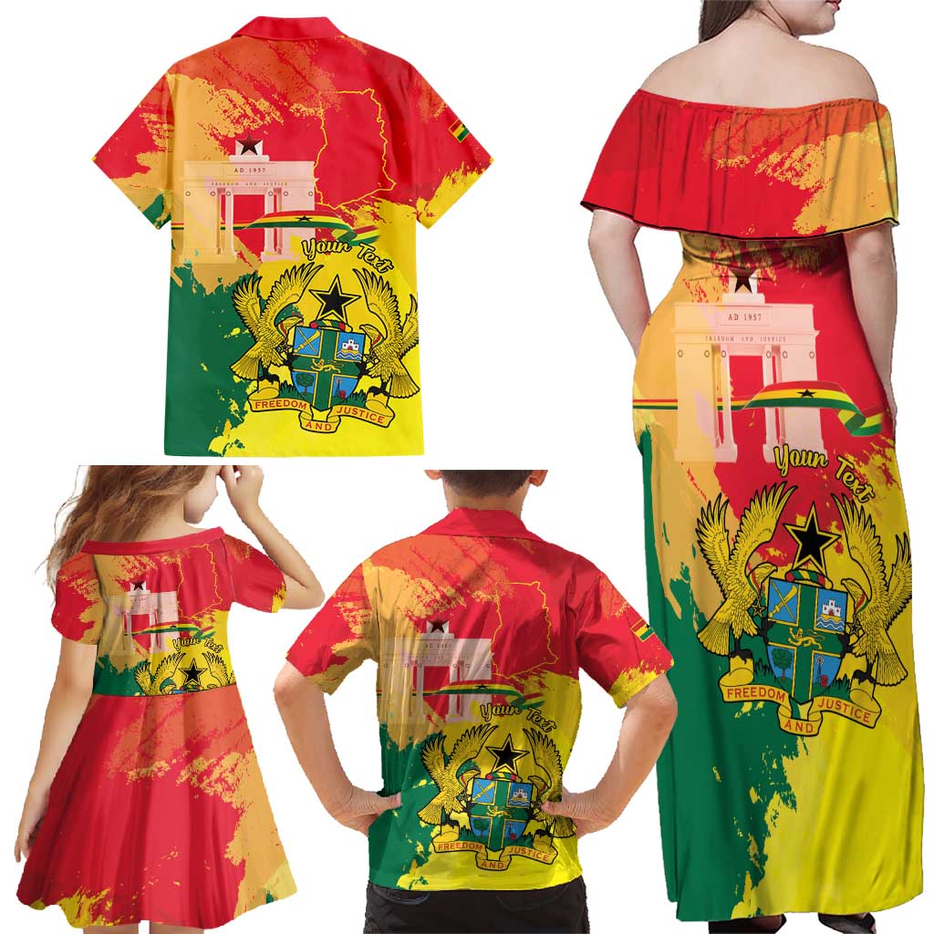 Personalized Ghana Republic Day Family Matching Off Shoulder Maxi Dress and Hawaiian Shirt Black Star Square With Coat Of Arms