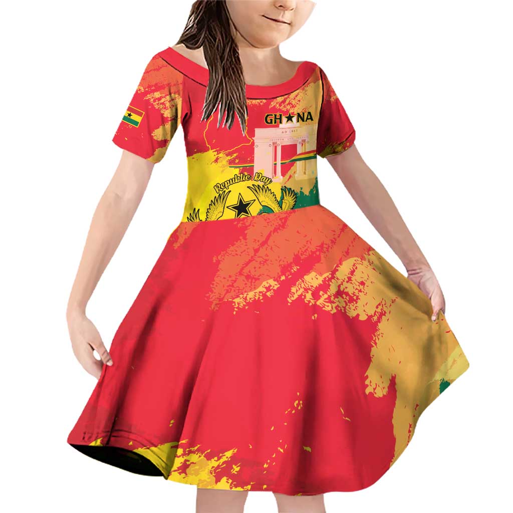 Personalized Ghana Republic Day Family Matching Off Shoulder Short Dress and Hawaiian Shirt Black Star Square With Coat Of Arms