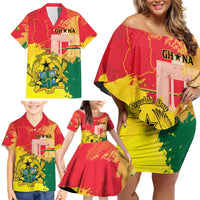 Personalized Ghana Republic Day Family Matching Off Shoulder Short Dress and Hawaiian Shirt Black Star Square With Coat Of Arms