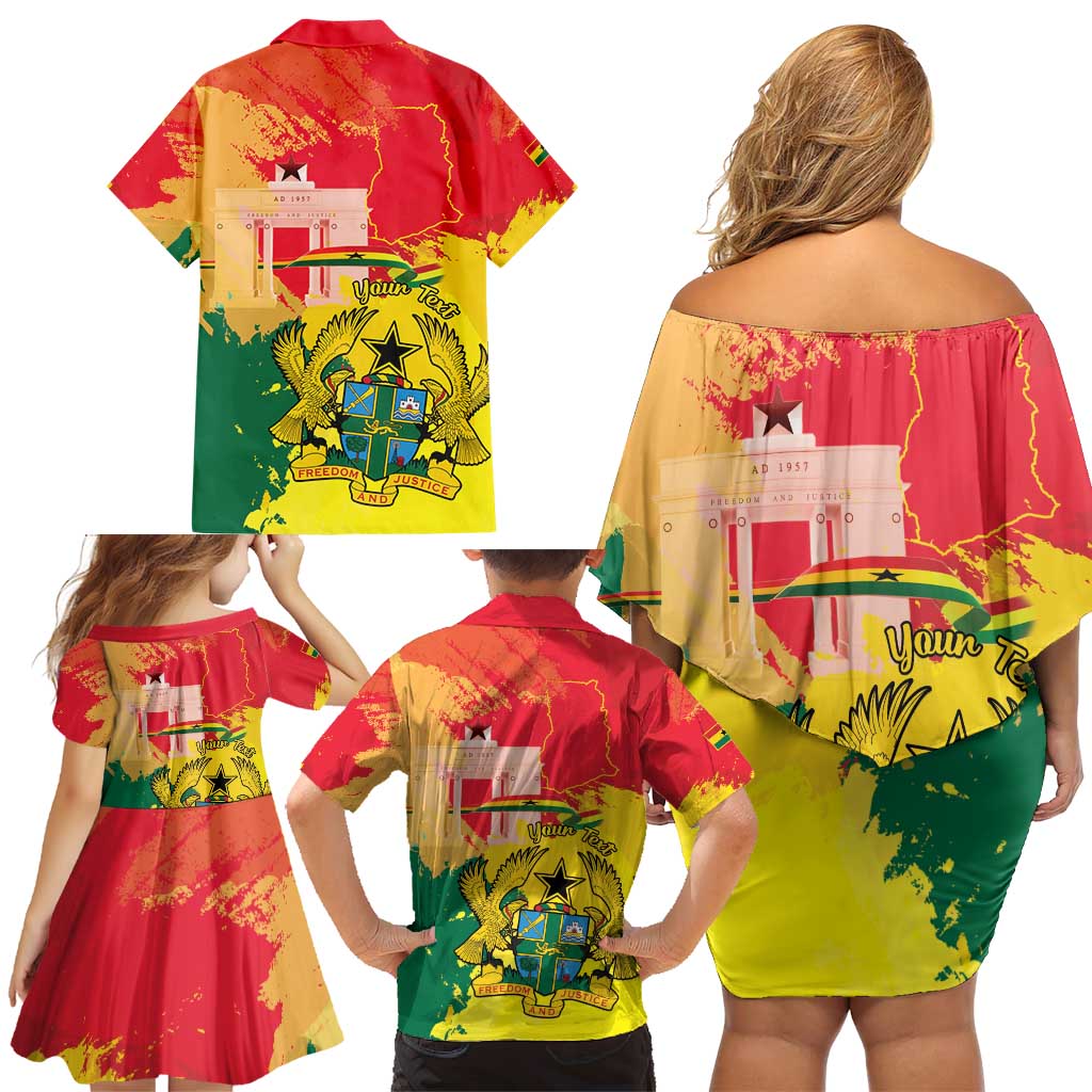 Personalized Ghana Republic Day Family Matching Off Shoulder Short Dress and Hawaiian Shirt Black Star Square With Coat Of Arms