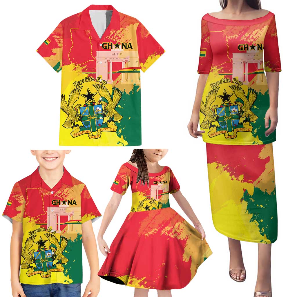Personalized Ghana Republic Day Family Matching Puletasi and Hawaiian Shirt Black Star Square With Coat Of Arms