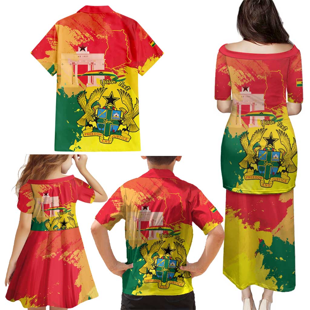 Personalized Ghana Republic Day Family Matching Puletasi and Hawaiian Shirt Black Star Square With Coat Of Arms