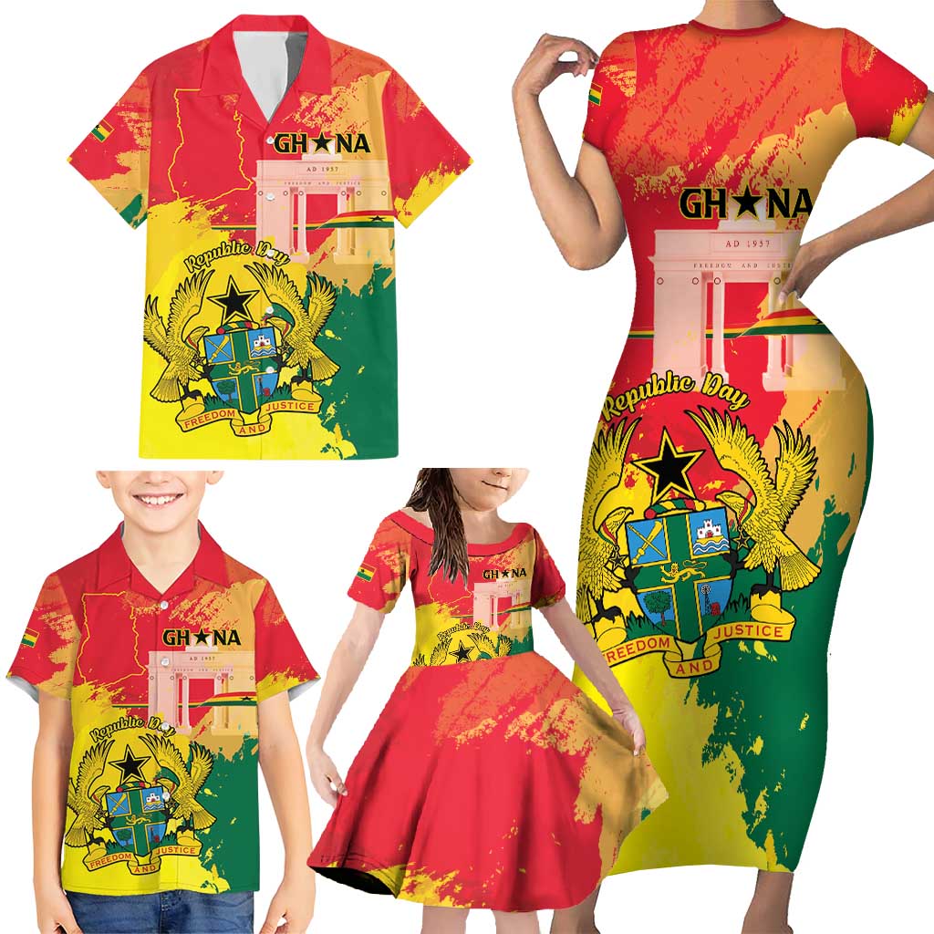 Personalized Ghana Republic Day Family Matching Short Sleeve Bodycon Dress and Hawaiian Shirt Black Star Square With Coat Of Arms