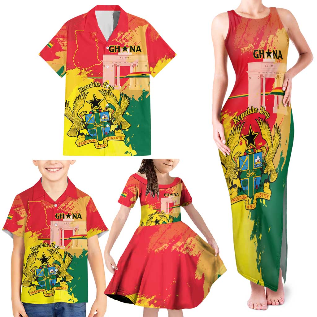 Personalized Ghana Republic Day Family Matching Tank Maxi Dress and Hawaiian Shirt Black Star Square With Coat Of Arms