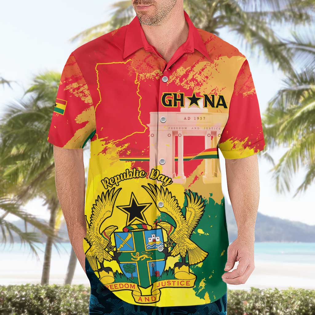 Personalized Ghana Republic Day Hawaiian Shirt Black Star Square With Coat Of Arms