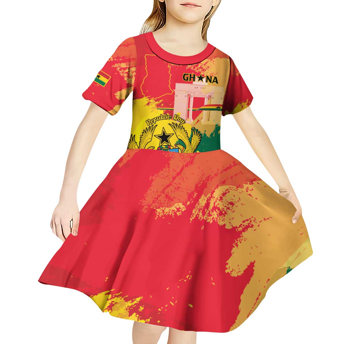 Personalized Ghana Republic Day Kid Short Sleeve Dress Black Star Square With Coat Of Arms