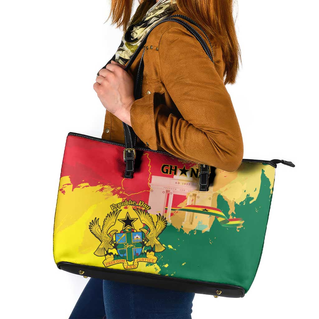 Ghana Republic Day Leather Tote Bag Black Star Square With Coat Of Arms