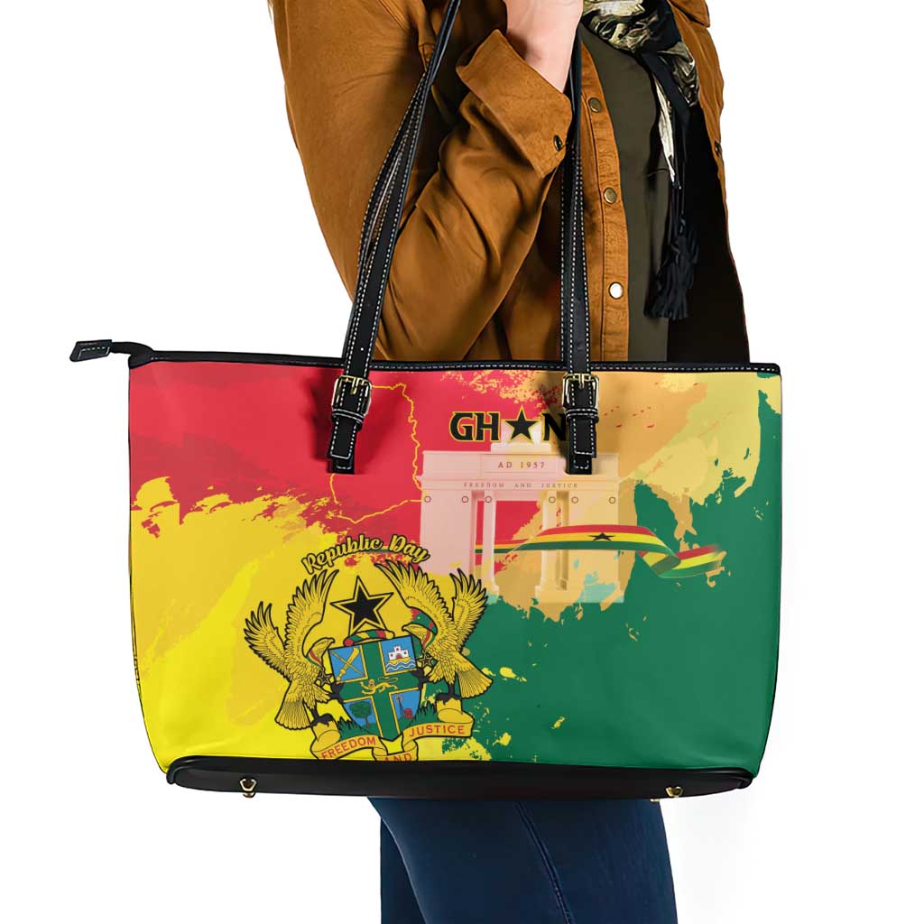Ghana Republic Day Leather Tote Bag Black Star Square With Coat Of Arms