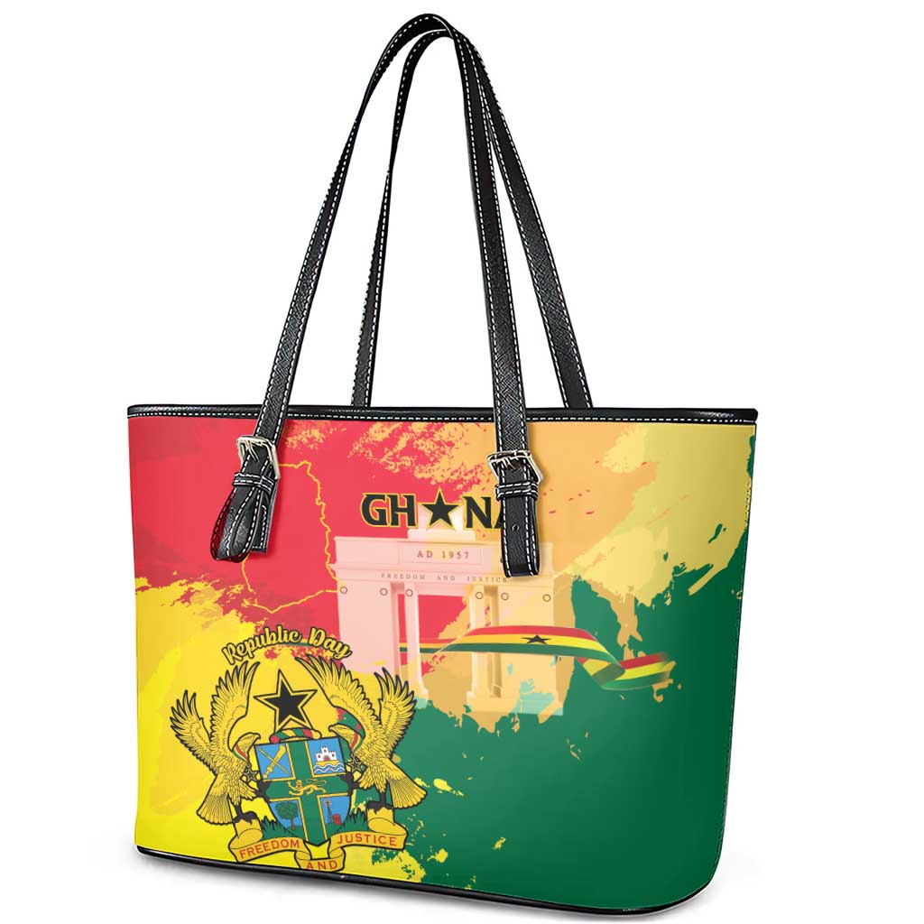 Ghana Republic Day Leather Tote Bag Black Star Square With Coat Of Arms