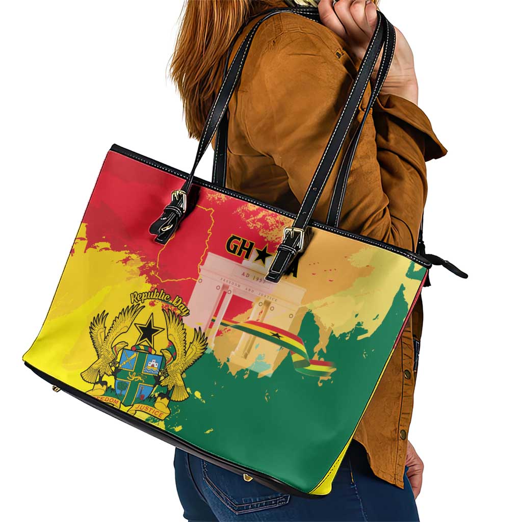 Ghana Republic Day Leather Tote Bag Black Star Square With Coat Of Arms