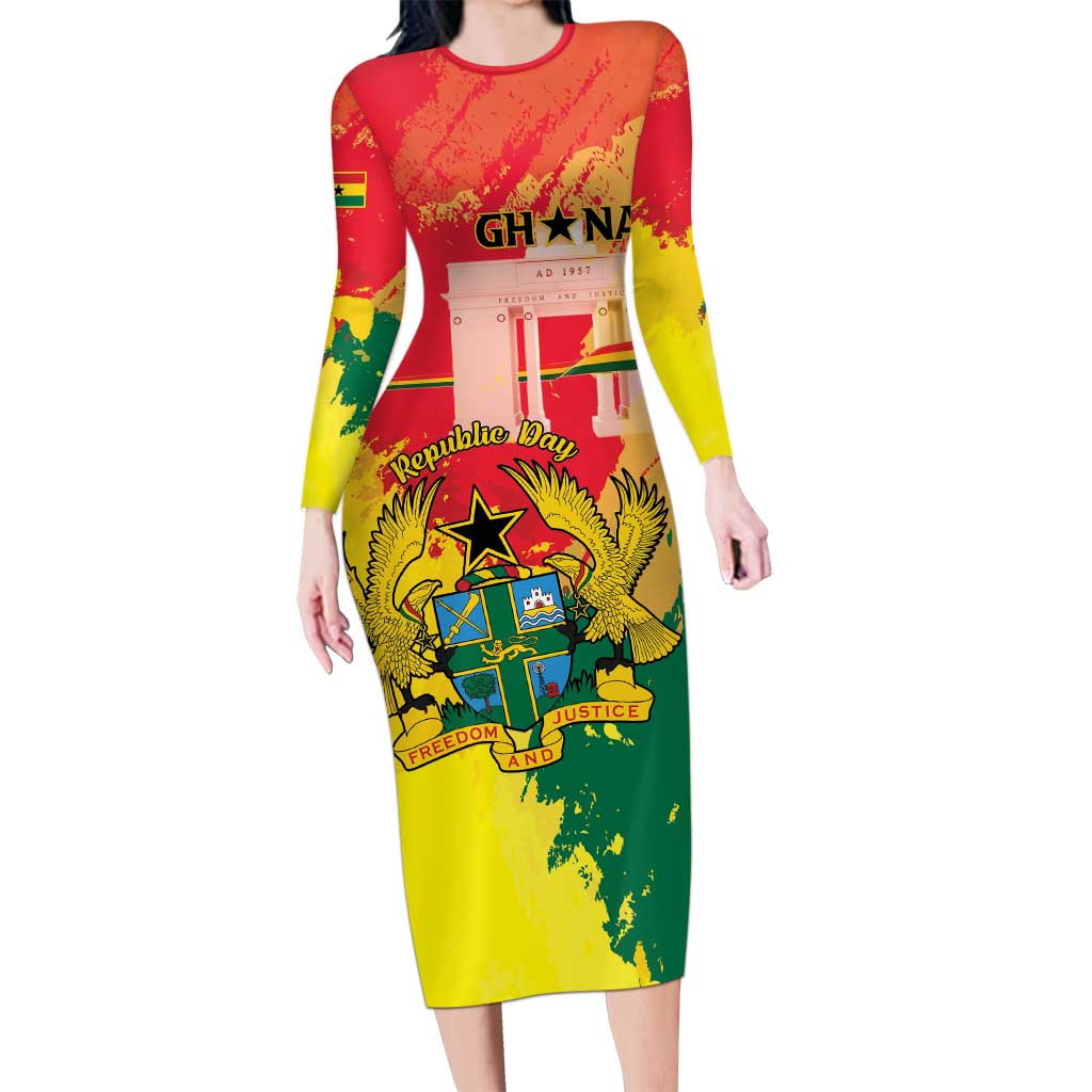 Personalized Ghana Republic Day Long Sleeve Bodycon Dress Black Star Square With Coat Of Arms