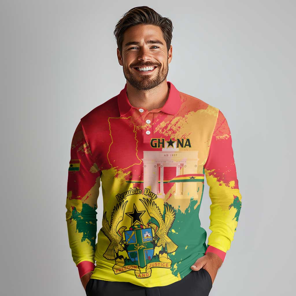 Personalized Ghana Republic Day Long Sleeve Polo Shirt Black Star Square With Coat Of Arms