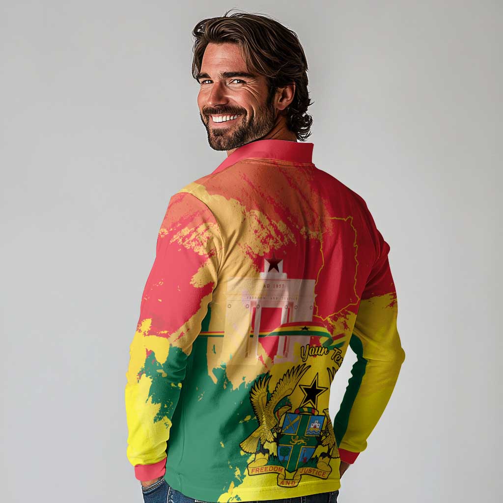 Personalized Ghana Republic Day Long Sleeve Polo Shirt Black Star Square With Coat Of Arms