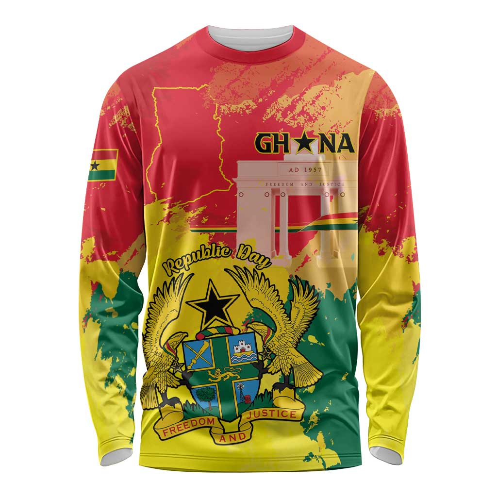 Personalized Ghana Republic Day Long Sleeve Shirt Black Star Square With Coat Of Arms