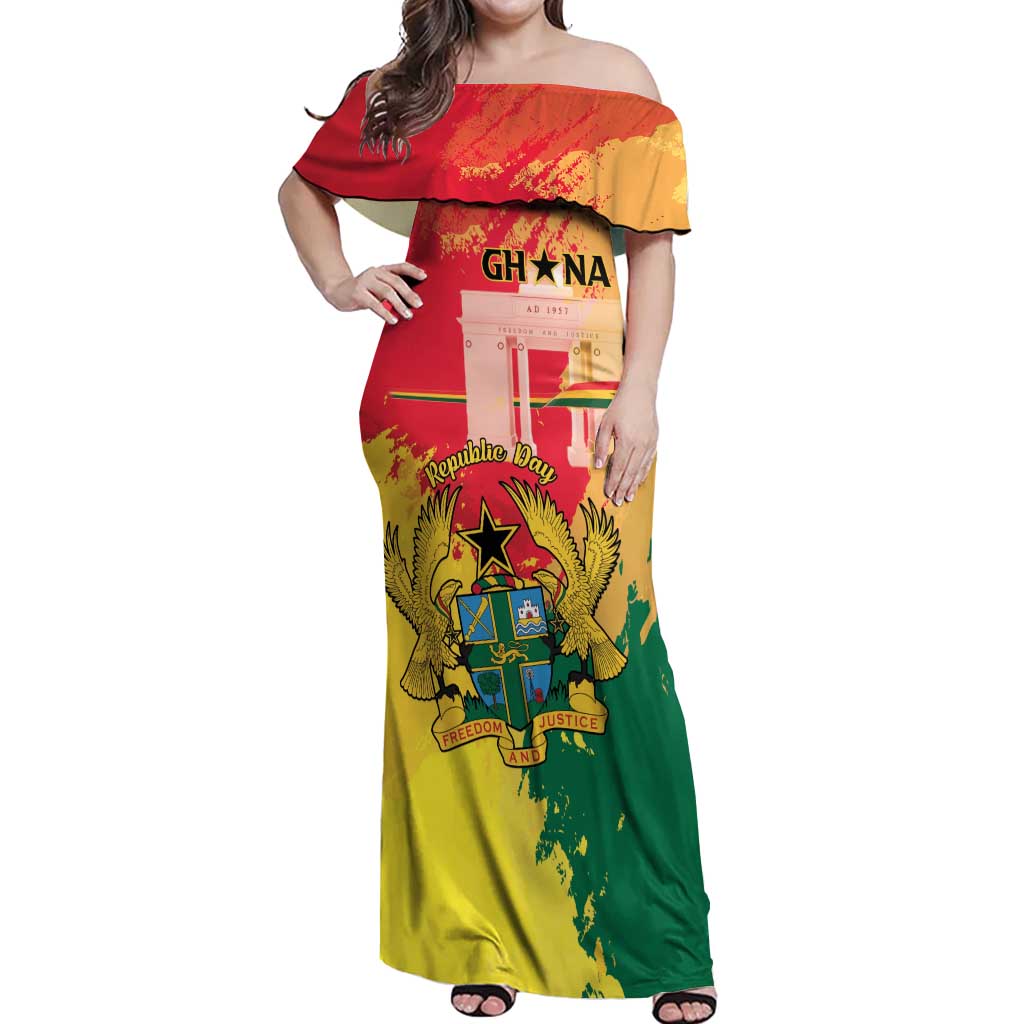 Personalized Ghana Republic Day Off Shoulder Maxi Dress Black Star Square With Coat Of Arms