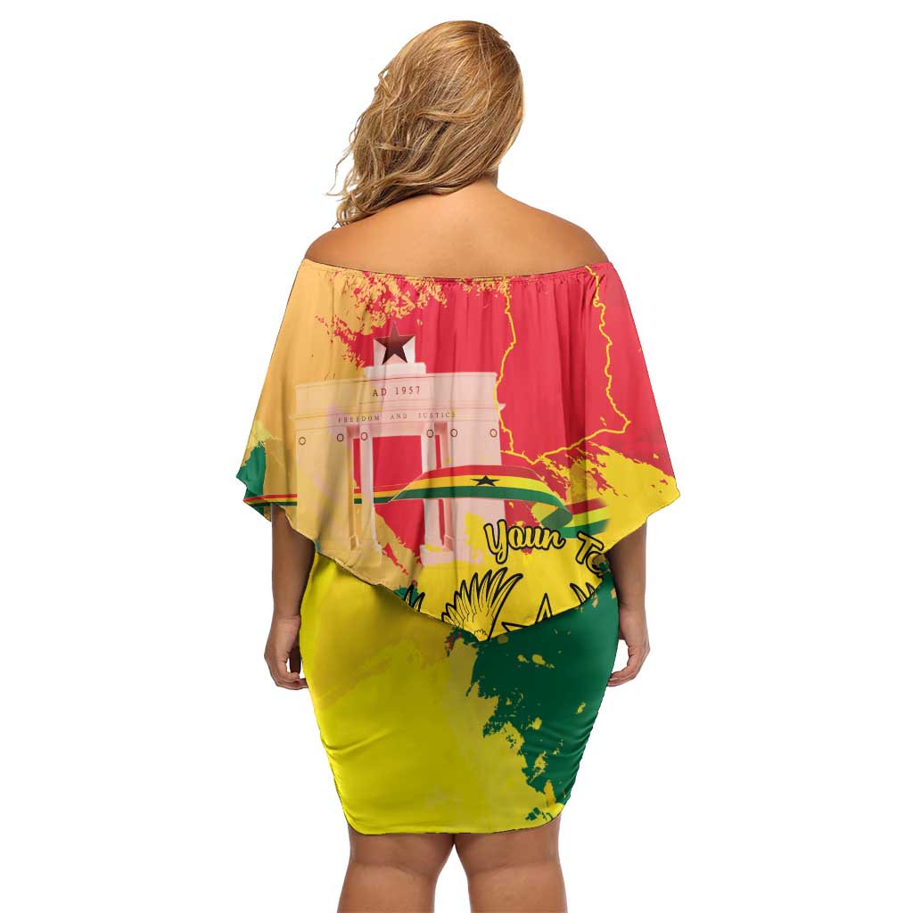 Personalized Ghana Republic Day Off Shoulder Short Dress Black Star Square With Coat Of Arms