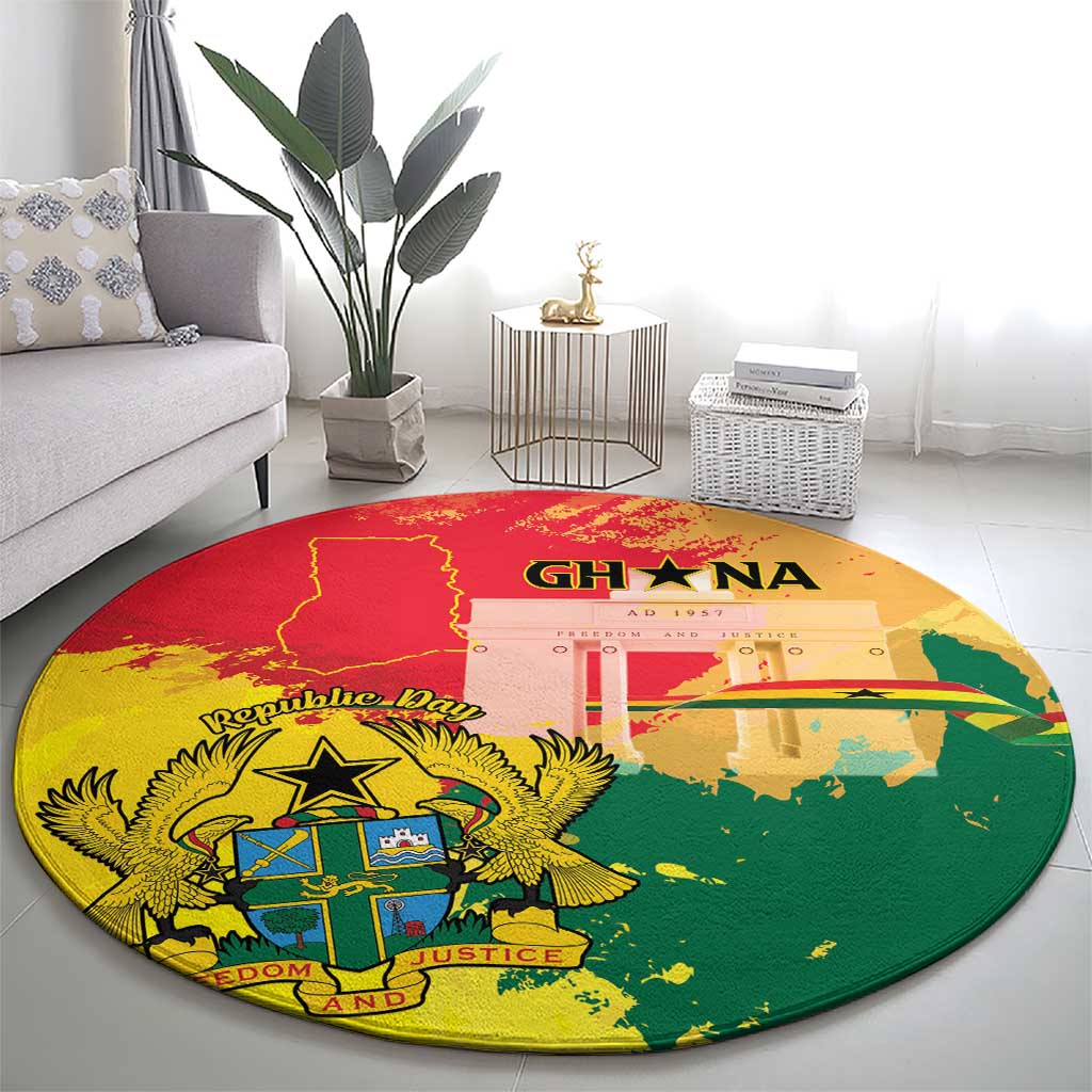 Ghana Republic Day Round Carpet Black Star Square With Coat Of Arms