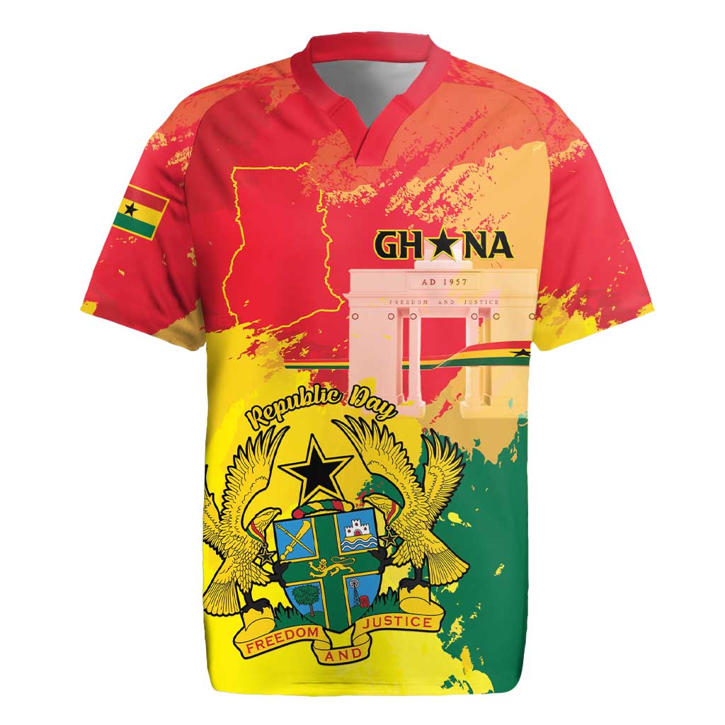 Personalized Ghana Republic Day Rugby Jersey Black Star Square With Coat Of Arms