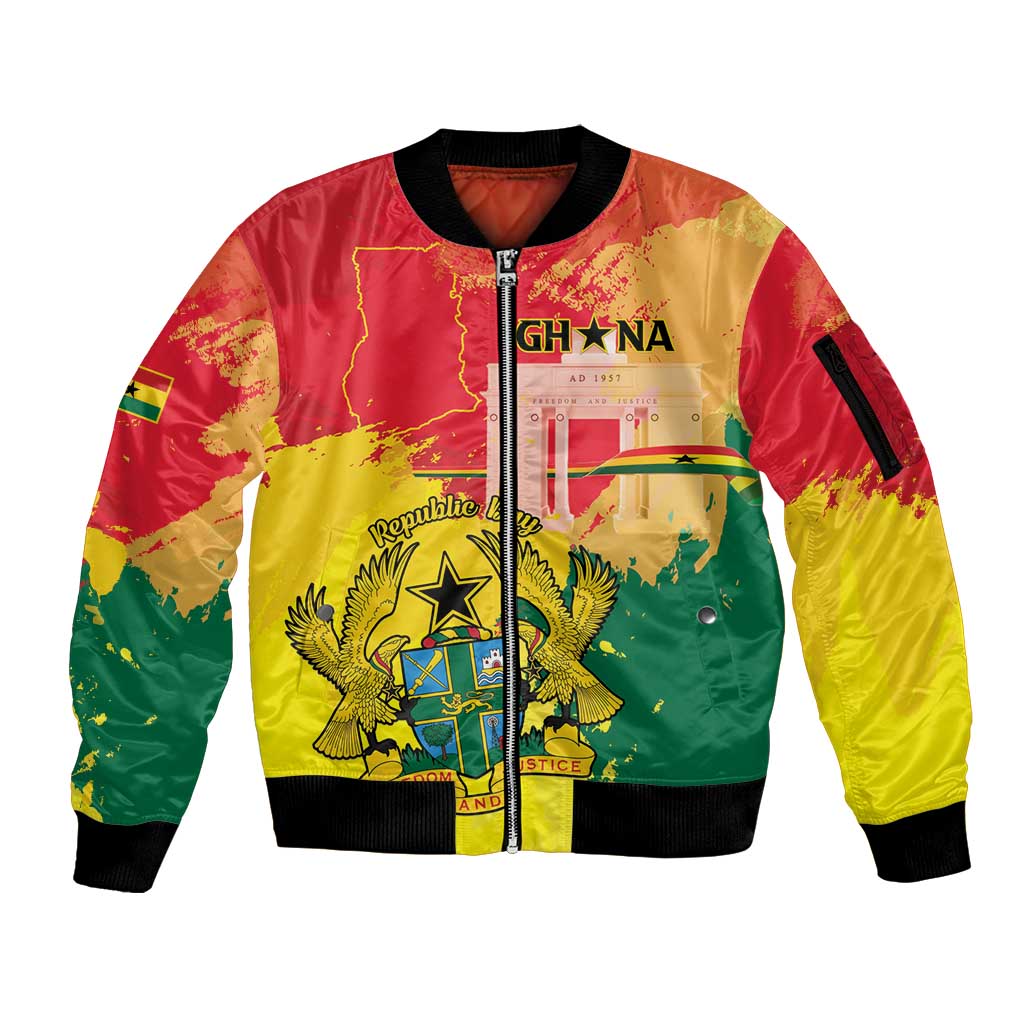 Personalized Ghana Republic Day Sleeve Zip Bomber Jacket Black Star Square With Coat Of Arms