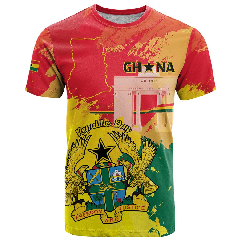 Personalized Ghana Republic Day T Shirt Black Star Square With Coat Of Arms