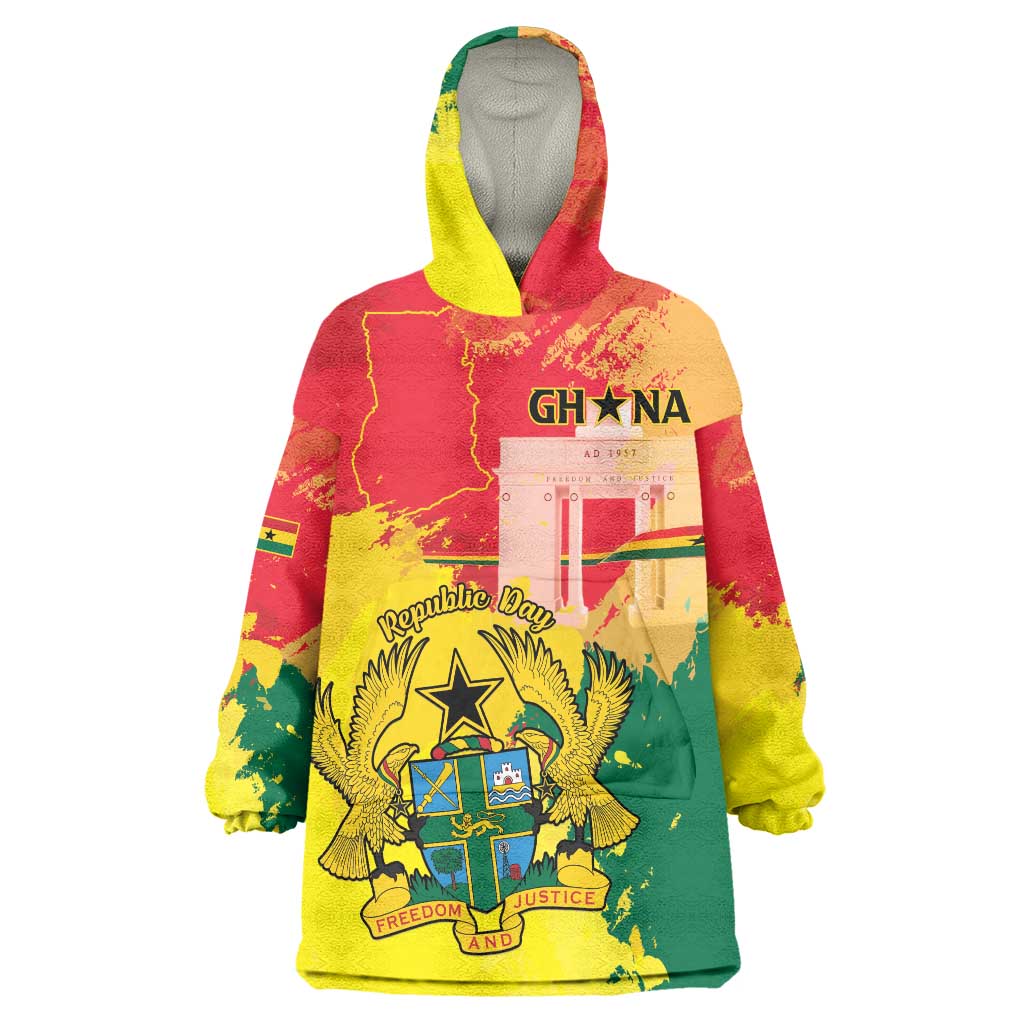 Personalized Ghana Republic Day Wearable Blanket Hoodie Black Star Square With Coat Of Arms