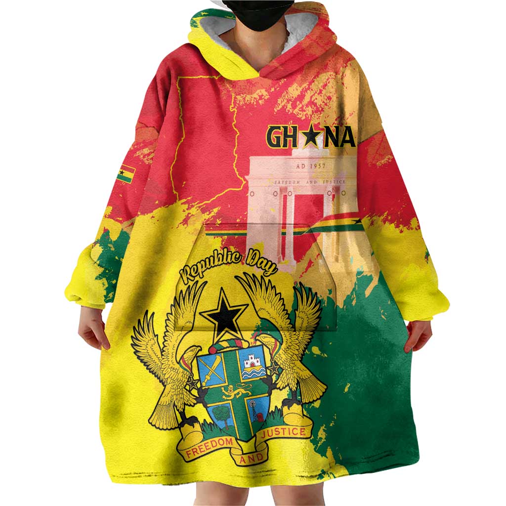Personalized Ghana Republic Day Wearable Blanket Hoodie Black Star Square With Coat Of Arms