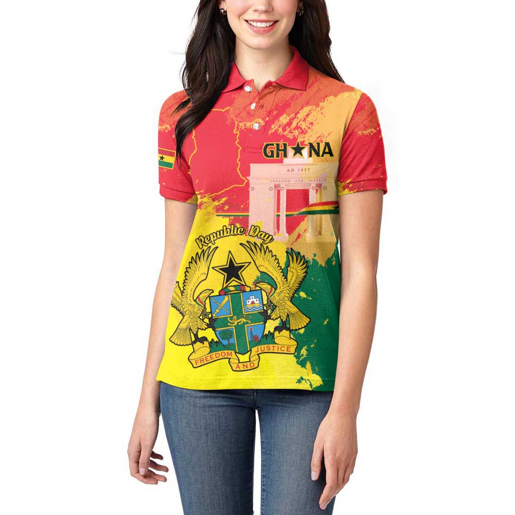 Personalized Ghana Republic Day Women Polo Shirt Black Star Square With Coat Of Arms