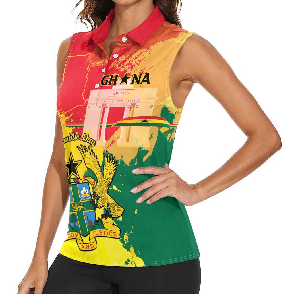 Personalized Ghana Republic Day Women Sleeveless Polo Shirt Black Star Square With Coat Of Arms