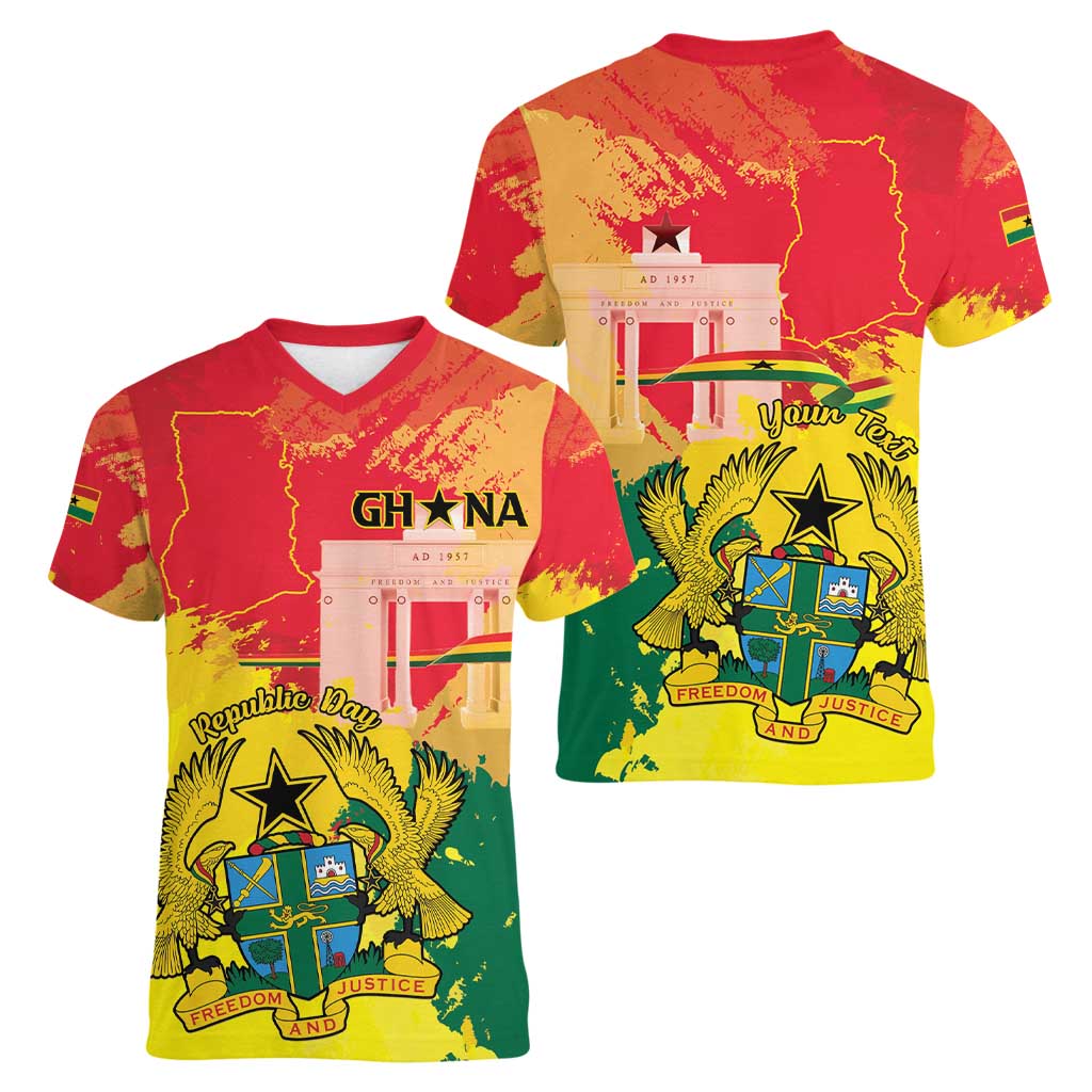 Personalized Ghana Republic Day Women V-Neck T-Shirt Black Star Square With Coat Of Arms